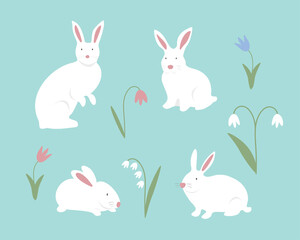 Set of cute white bunnies or rabbits with spring flowers isolated on a blue background. 