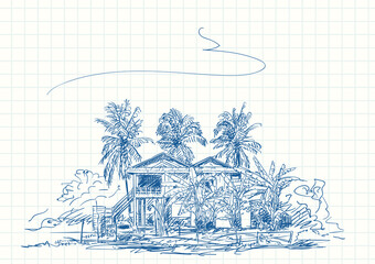 Blue pen sketch on square grid notebook page, Traditional Cambodian house build of wood and on towering stilts surraunded with tropical plants, Hand drawn vector illustration