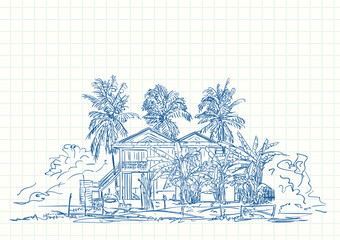 Blue pen sketch on square grid notebook page, Traditional Cambodian house build of wood and on towering stilts surraunded with tropical plants, Hand drawn vector linear illustration