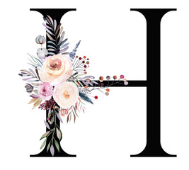 Letter H decorated with watercolor winter bouquet made of pastel flowers and leaves. Floral alphabet