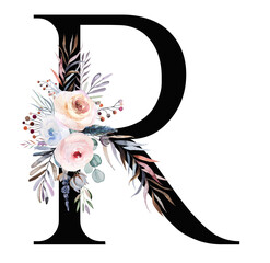 Letter R decorated with watercolor winter bouquet made of pastel flowers and leaves. Floral alphabet
