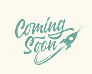 Obraz premium Coming soon lettering retro cartoon rocket sign web template. Page under construction website vector banner background Isolated