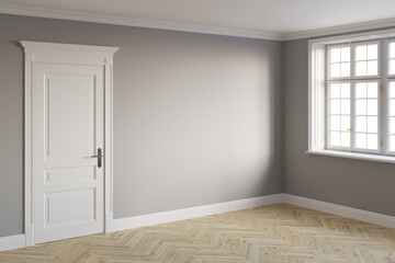 Modern-classic empty room without furniture with white classical door and window without curtains, gray walls, light parquet floor. 3d render