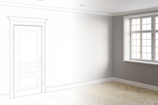 A sketch becomes a real modern-classic empty room without furniture with a white classical door and window without curtains, gray walls, light parquet floor. 3d render