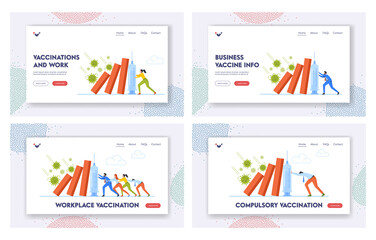 Workplace Vaccination Landing Page Template Set. Characters Trying to Stop Business Drop with Vaccine, Economic Crisis