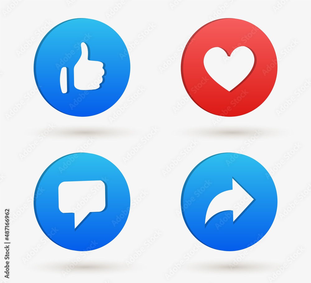 Poster 3d social media notification icons, like love comment share buttons in 3d modern style, thumb up and