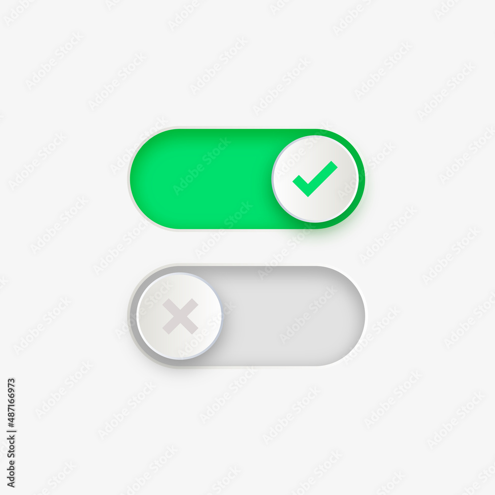Aufkleber On Off toggle switch buttons, checkmark icons yes or no with switch slider in modern toggle, green tick and red cross symbols for user interface, apps and website