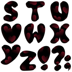 English alphabet. A set of letters S, T, U, V, W, X, Y, Z and punctuation marks with a pattern of hearts