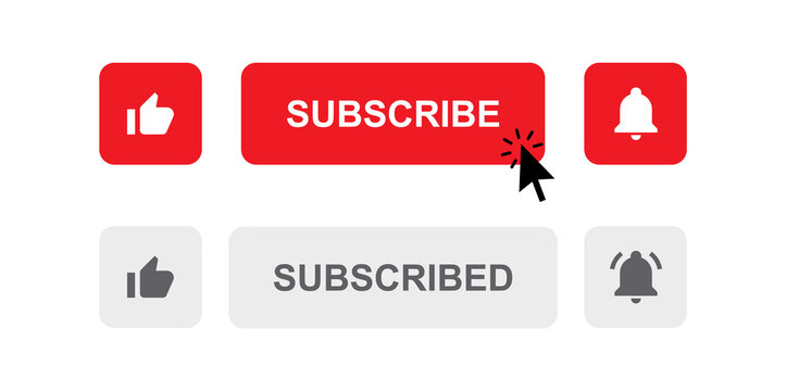 youtube subscribe button with like icon and notification bell alarm symbol, mouse cursor click icon, subscribed button with thumbs up