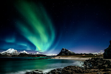 Fototapeta na wymiar Northern Lights on sky in Lofoten islands