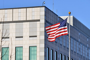 Embassy of the United States of America in Kyiv. An american flag waves in the wind.