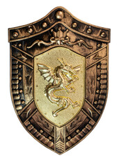 Plastic gold toy warrior shield with dragon symbol.