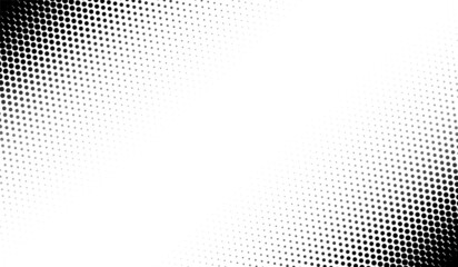 Halftone corner texture. Faded dot pattern for design prints. Bg abstract gradient. Black geometric background for overlay effect. Subtle patern. Digital polka. Dots gradation. Vector illustration - obrazy, fototapety, plakaty