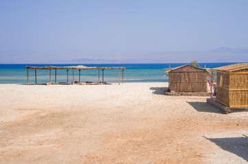 straw bungalows hippie Bedouin camps on the coast of the Sinai Peninsula of Egypt