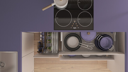 Liliac and wooden kitchen close up with open drawers with plates, pots, bottles, wooden spoons and accessories. Sink, induction hob with pan. Top view, plan, above, interior design