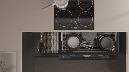 Dark and wooden kitchen close up with open drawers with plates, pots, bottles, wooden spoons and accessories. Sink, induction hob with pan. Top view, plan, above, interior design