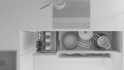 Total white project draft, kitchen close up with open drawers with plates, pots, bottles, wooden spoons and accessories. Sink and induction hob. Top view, plan, above, interior design