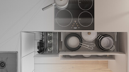 Architect interior designer concept: hand-drawn draft unfinished project that becomes real, kitchen close up with open drawers with accessories. Induction hob. Top view, plan, above
