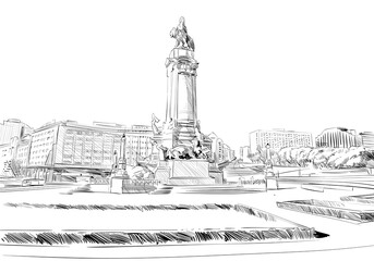 Marques de Pombal Square. Lisbon. Portugal. Europe. Hand drawn vector illustration.