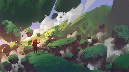 Naklejka premium Traveler walks on a rock that floats in the sky, digital art style, illustration painting