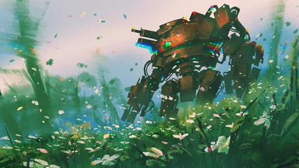 Papier Peint photo Grand échec Un ancien robot debout dans le champ de fleurs, style d& 39 art numérique, peinture d& 39 illustration