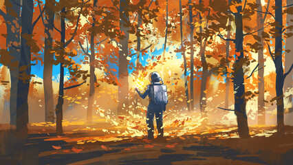 The astronaut in the middle of the autumn forest and looking at the strange light in his hand, digital art style, illustration painting