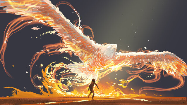 Fototapeta The child looking at the phoenix bird flying above him, digital art style, illustration painting