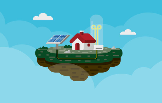 Self-Sufficiency Electric Power Concept. Eco-Friendly House on Floating Island Near Bulb Connected to Solar Panels. Autonomous Power Sustainable Energy Ecosystem. Flat Design. Editable Vector.