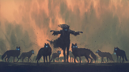 Fototapeta premium The wizard standing among his demonic wolves, digital art style, illustration painting