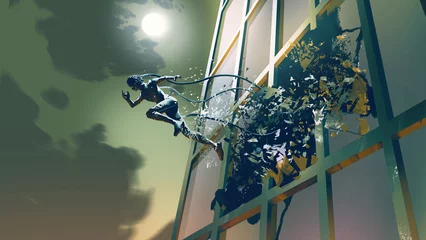 Foto op Aluminium Futuristische mens die door het glas van het gebouw in de nachtscène breekt, digitale kunststijl, illustratie, schilderkunst © grandfailure