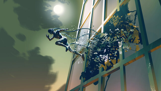 Fototapeta Futuristic human running breaking through the glass of the building in the night scene, digital art style, illustration painting