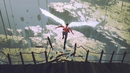 Foto op Plexiglas Een man met magische vleugels die van een houten brug springt en de lucht in vliegt, digitale kunststijl, illustratie, schilderkunst © grandfailure