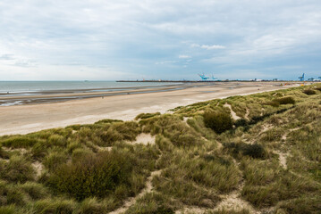 Fototapeta na wymiar Blankenberge, Flanders / Belgium - 10 30 2018: Large sandy beach and green dunes at the Belgian North sea during ebb tide in autumn.