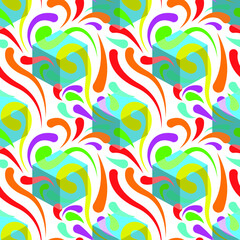 Multicolored abstract drops pattern with blue cubes