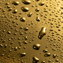 Golden metal water drops on shiny metallic surface