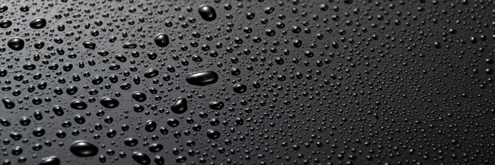 Black metal water drops on dark reflective surface