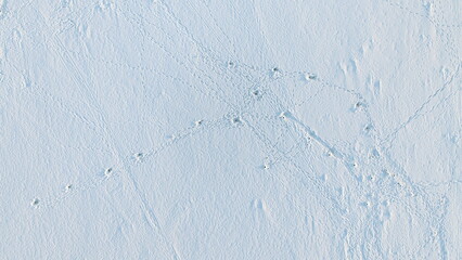 Aerial view of holes in the ice and footprints of fishermen in the snow after winter fishing