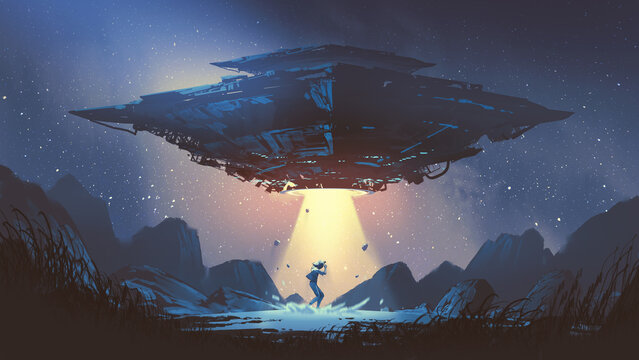 Fototapeta Sci-fi scene showing the spaceship abducting human at the night, digital art style, illustration painting