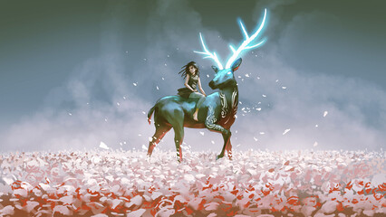 Das junge Mädchen sitzt auf ihrem magischen Hirsch mit den leuchtenden Hörnern, digitaler Kunststil, Illustrationsmalerei