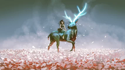 Rolgordijnen Het jonge meisje zit op haar magische hert met de gloeiende hoorns, digitale kunststijl, illustratie, schilderkunst © grandfailure