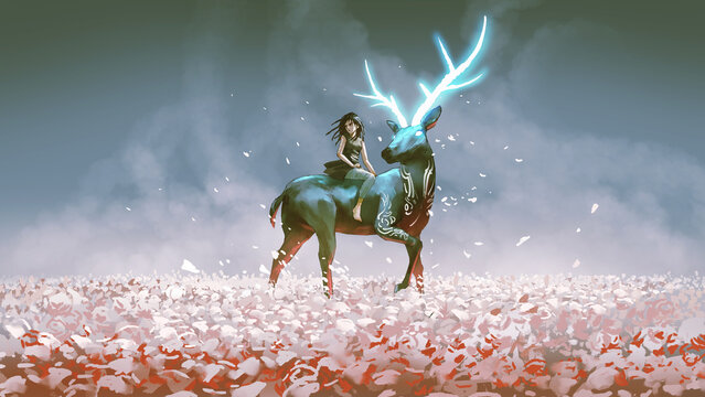 Fototapeta The young girl sitting on her magic stag with the glowing horns, digital art style, illustration painting