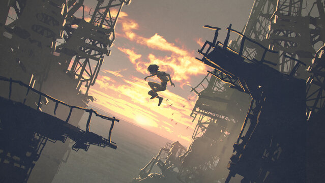 Fototapeta A kid jumping from the ruins of a building against the sunset scene, digital art style, illustration painting
