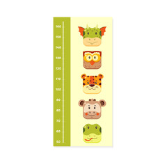 Children height meter with ruler in centimeters with cartoon animal muzzles.