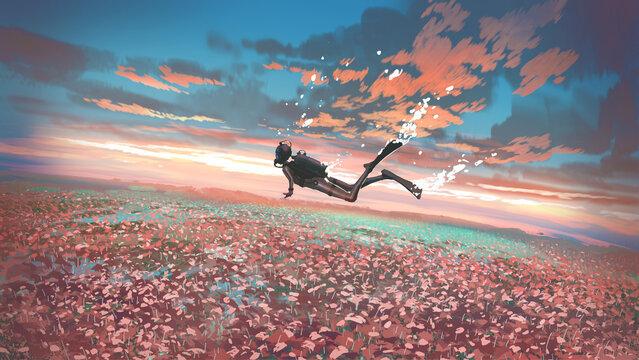 Fototapeta Surreal scene of a diver floating in the air over a field of flowers at dusk, digital art style, illustration painting