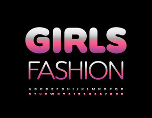 Vector glamour emblem Girls Fashion. Pink metallic Font. Elegant Alphabet Letters and Numbers set