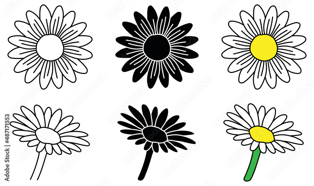 Poster Daisy Flower Clipart Set - Outline, Silhouette and Color