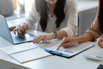 Businesswoman explains her work to a colleague and records it on her computer.