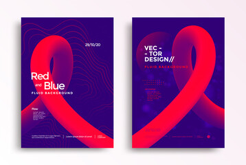 Liquid poster design in duotone gradients. Cover design with red and blue fluid color shapes composition. Futuristic design for flyer.
