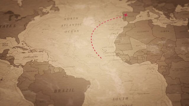 Travel, adventure and discovery.Old map animation with Portuguese ship route to Brazi