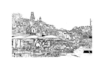 Building view with landmark of Menton is the 
commune in France. Hand drawn sketch illustration in vector.